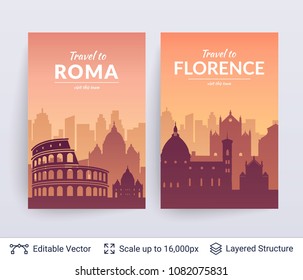 Roma and Florence famous city scapes. Flat well known silhouettes. Vector illustration easy to edit for flyers or web banners.