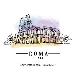 Roma sketch on watercolor background. Vector illustration.