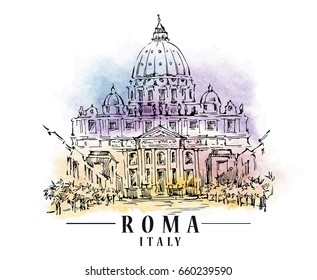 Roma sketch on watercolor background. Vector illustration.