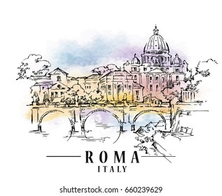 Roma sketch on watercolor background. Vector illustration.