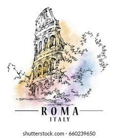 Roma sketch on watercolor background. Vector illustration.