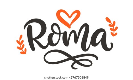 Roma vector hand lettering with hearts in black and red. Elegant city name calligraphy perfect for travel souvenirs, Italian tourism design, city branding, postcards, t shirts and gift products.