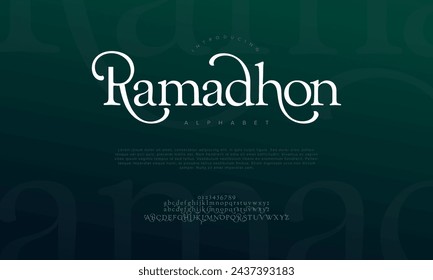Romadhon premium luxury romadhon alphabet letters and numbers. Elegant wedding typography islamic ramadan serif font decorative vintage retro. Creative vector illustration