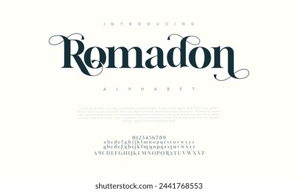 Letras y números del alfabeto árabe de lujo de Romadon. Elegante tipografía islámica ramadán boda serif fuente decorativa vintage. Ilustración vectorial creativa