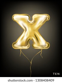 Roman 10 number, gold foil balloon X form on the black background