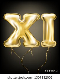 Roman 11 number, gold foil balloon XI form on the black background