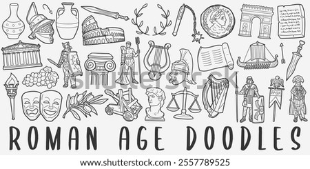Roman Age Doodle Icons Black and White Line Art. Rome Clipart Hand Drawn Symbol Design.	