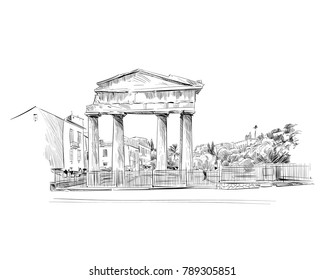 Roman Agora. Athens. Greece. Europe. Hand drawn sketch. Vector illustration.