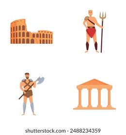 Roman amphitheater icons set cartoon vector. Historical character and landmark. Ancient rome