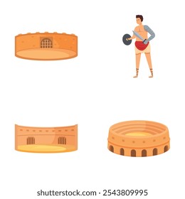 Roman amphitheatre icons set cartoon vector. Historical character and landmark. Ancient rome