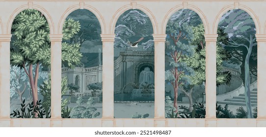 Arquitectura antigua romana, pájaro, botánico, pavo real, ilustración del paisaje para el Fondo de pantalla