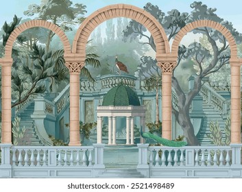 Roman ancient architecture, bird, botanical, peacock, landscape illustration for wallpaper