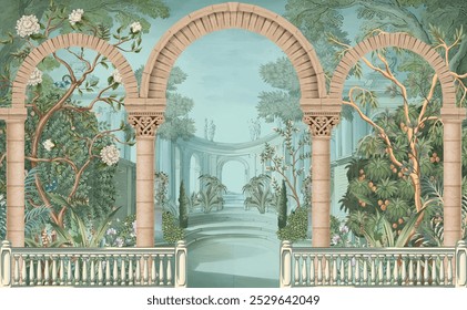 Roman ancient architecture, bird, botanical, peacock, landscape illustration for wallpaper