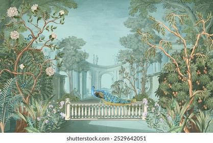 Roman ancient architecture, bird, botanical, peacock, landscape illustration for wallpaper
