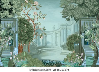 

Roman ancient architecture, bird, botanical, peacock, landscape illustration for wallpaper