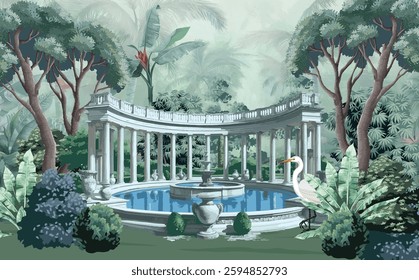 Roman ancient architecture with fountain, pond, bird, botanical, peacock, landscape illustration for wallpaper