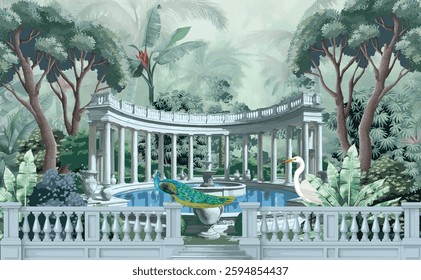 Roman ancient architecture with fountain, pond, bird, botanical, peacock, landscape illustration for wallpaper