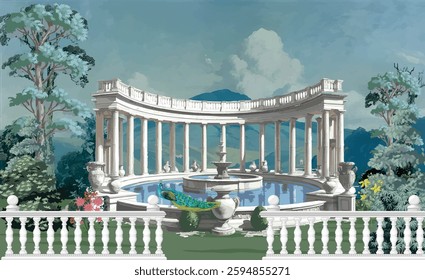 Roman ancient architecture with fountain, pond, bird, botanical, peacock, landscape illustration for wallpaper.