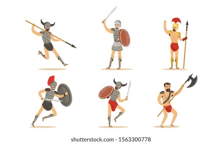 Roman Ancient Warrior Character In Armor In Different Actions Vector Illustration Set Isolated On White Background