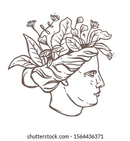 Roman antique sculpture head of Venus with flower bouquet, foliage and leaves. Vector ancient feminine and romantic sign, logo, label or emblem for beauty salon. Sketch drawing illustration