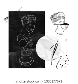 Roman antique sculpture in modern surreal contemporary style. Abstract single line drawing. Design for poster, card, print for t-shirt and banner