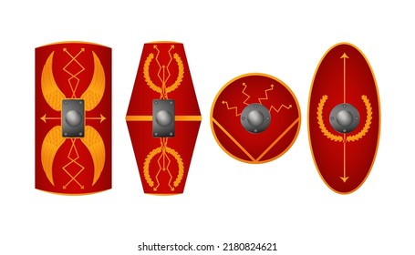 Roman antique shields set. Red hand geometric plates for protection of medieval foot soldiers with golden traditional vector tracery