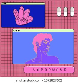 Roman antique statue and user interface elements on squared pink background. Surreal retrofuturistic vaporwave style vector illustration.