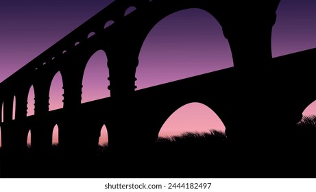 Roman aqueduct bridge landscape, flat color illustration svg
