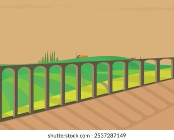 Roman aqueduct. European touristic symbol. Evening illustration	