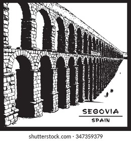 Roman aqueduct of Segovia. National symbol of Spain. Black and white image.
Vector illustration in engraving style. svg