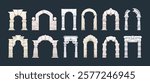 Roman arch. Antique pillar and stone gate architecture elements with columns, classic marble stone archway pillars and arches, renaissance building decor. Vector isolated set.