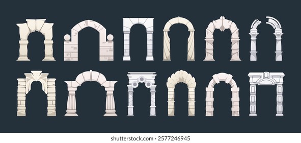 Roman arch. Antique pillar and stone gate architecture elements with columns, classic marble stone archway pillars and arches, renaissance building decor. Vector isolated set.