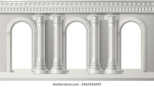 Roman arch with pillar. Greek palace building architecture vector. Classic white antique door frame for temple interior with column. Arc elements for vintage construction. 3d baroque greece colonnade