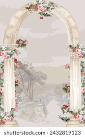 Roman arch with rose creeper flower illustration for wedding invitation