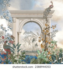 Roman arch with tropical plant, watercolor Peacock with watercolor flower,
