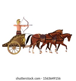 Roman Archer On An Ancient War Chariot Drawn By Three Horses. Vector Illustration Isolated On White Background