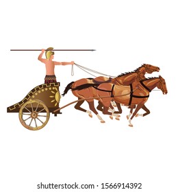 Roman Archer On An Ancient War Chariot Drawn By Three Horses. Vector Illustration Isolated On White Background