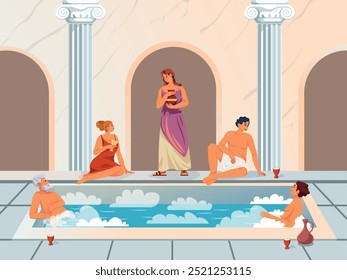 Banho romano. Roma antiga ou cidadãos gregos em toalha descansando banheiro público, banho natação cultura grega piscina quente com colunas história cena, vetor recente ilustração original obra de arte