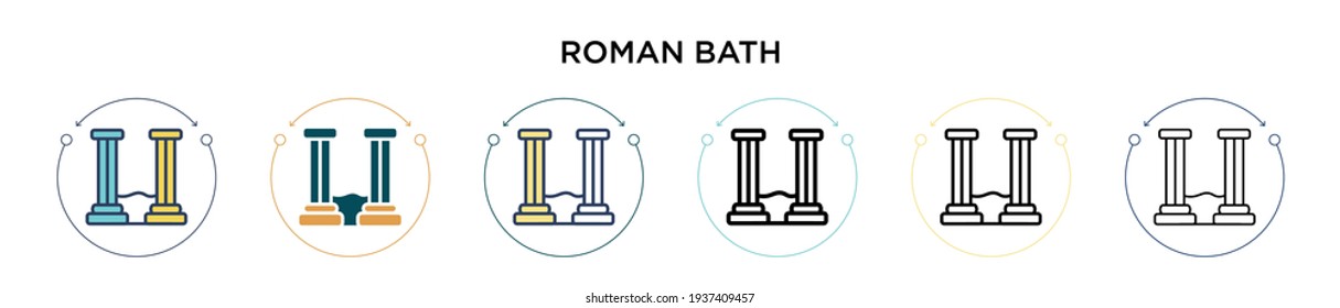 Roman bath icon in filled, thin line, outline and stroke style. Vector illustration of two colored and black roman bath vector icons designs can be used for mobile, ui, web