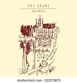 Roman Catholic church in Las Lajas, Colombia, South America. Vector travel hand drawn postcard or postcard in retro style