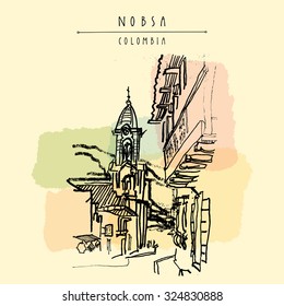 Roman Catholic church in Nobsa, Sogamoso, Colombia, South America. Vector travel hand drawn postcard or postcard in retro style