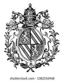 Roman Catholic Coat Of Arms Typically Adopts Within His Shield Symbols, Vintage Line Drawing Or Engraving Illustration.