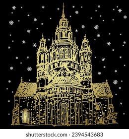 Roman Catholic temple under snowflakes. Winter Christmas design. Mainz Cathedral in Germany. Hand drawn sketch. Golden silhouette on black background.