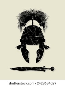 Roman centurion helmet and sword symbol, vector grunge effect