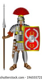 Roman centurion with shield and pilum isolated on white background.