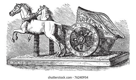 Roman Chariot, vintage engraving. Old engraved illustration of a Roman Chariot pulled by two horses.