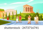 Roman citizen. Greek or ancient rome empire civilization people in toga costume clothes, patrician society historical characters at temple architecture, recent vector illustration of empire greek