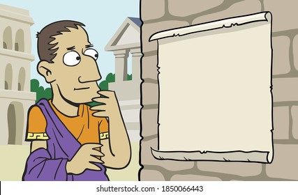 Citoyen romain regardant une affiche sur le mur. Homme, et affiche sur des couches séparées.