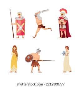 Roman Citizens Character With Female Wearing Long Tunic And Male Warrior With Spear And Shield Vector Set