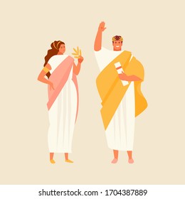 Roman citizens man and woman in traditional historical costumes. Vector characters